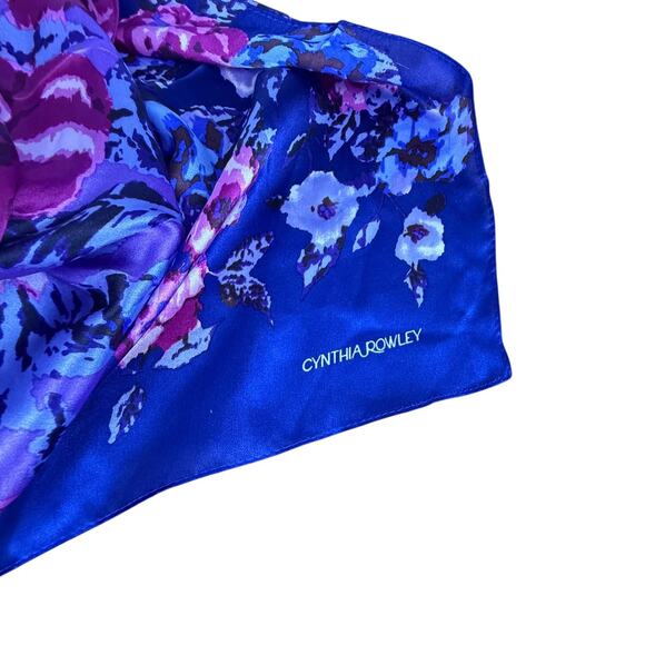 Cynthia Rowley Purple Blue Floral Rectangle 14" x 66" Satin Silky Scarf Wrap - Picture 4 of 4